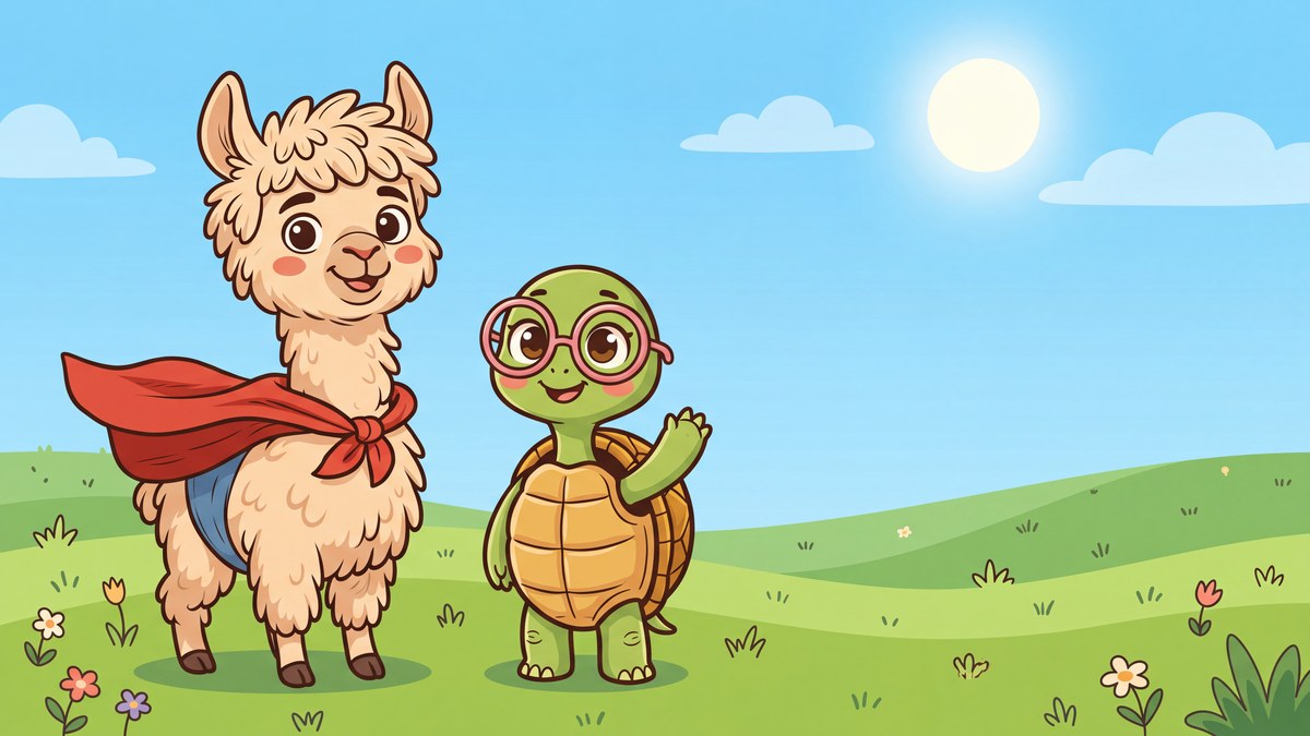 Alfi das Alpaka mit rotem Cape und Sami die Schildkröte stehen auf einer sonnigen Wiese und winken
